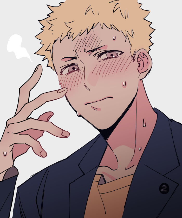 1boy, arm_up, black_jacket, blonde_hair, blush, brown_eyes, collarbone, commentary_request