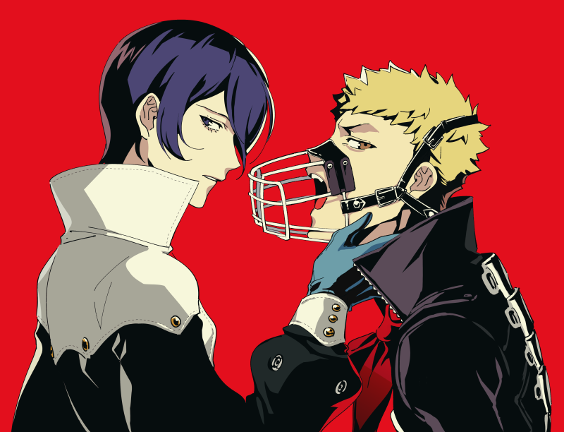 2boys, arm_up, black_gloves, black_jacket, blonde_hair, blue_hair, brown_eyes, buttoned_cuffs