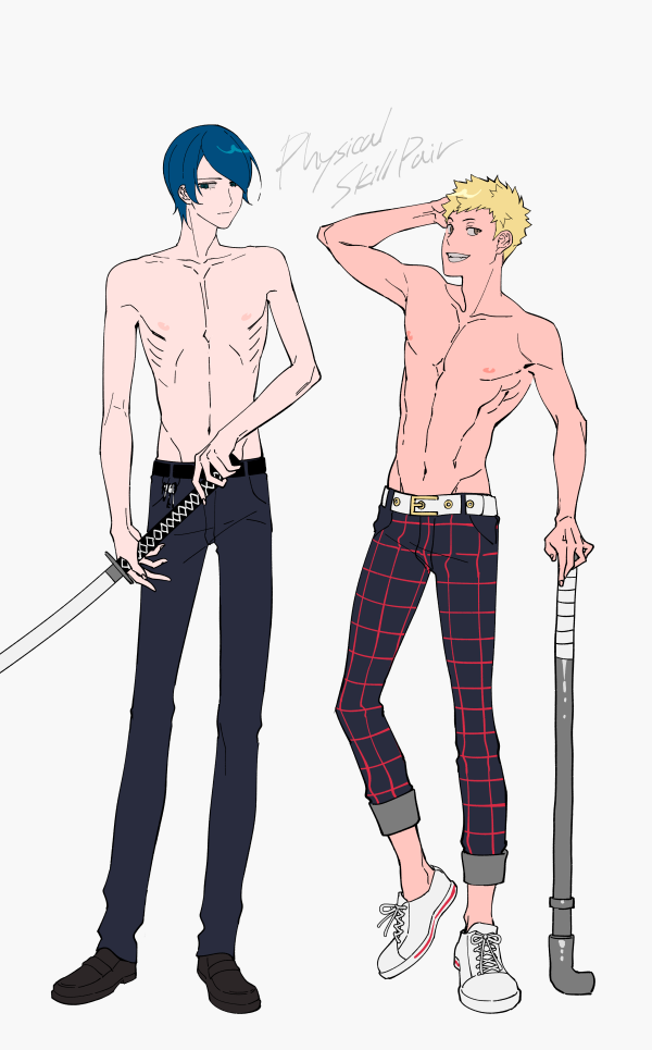 2boys, arm_behind_head, arm_up, belt, belt_buckle, black_belt, black_pants, blonde_hair
