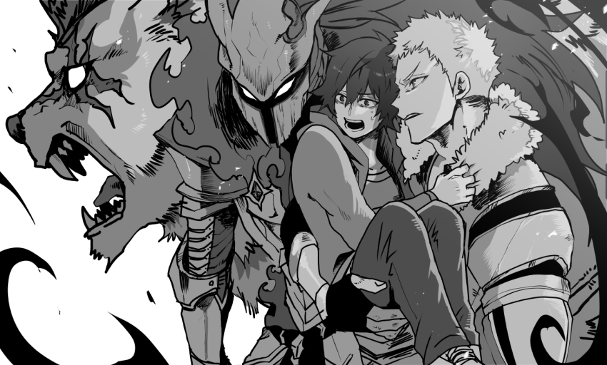 2boys, alternate_universe, armor, black_hair, carrying, carrying_person, carrying_under_arm, collarbone