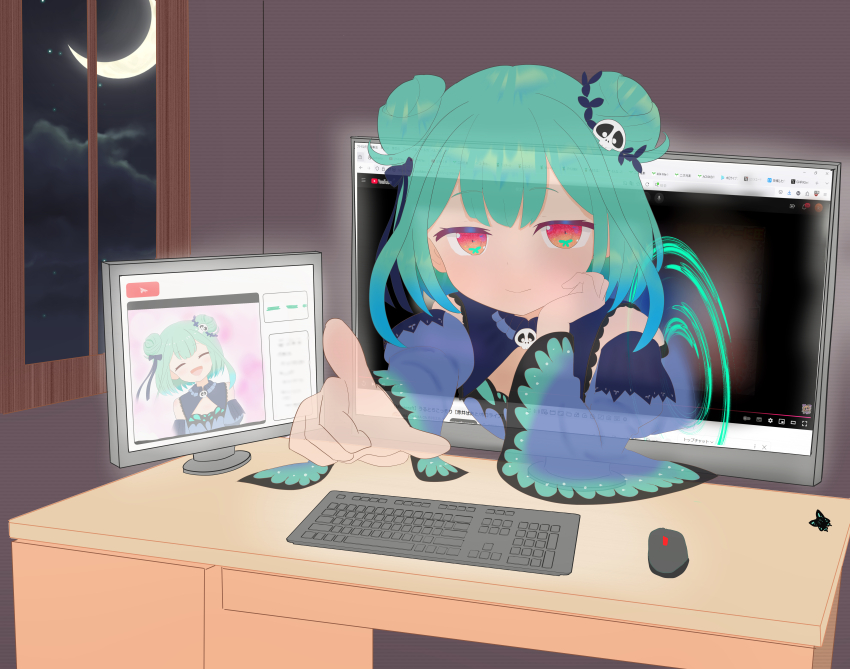 absurdres, desk, display, green_hair, hair_ornament, highres, hololive, indoors