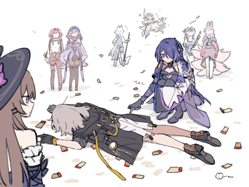 6+girls, acheron_(honkai:_star_rail), aglaea_(honkai:_star_rail), animal_ears, axe, battle_axe, black_swan_(honkai:_star_rail), brown_hair