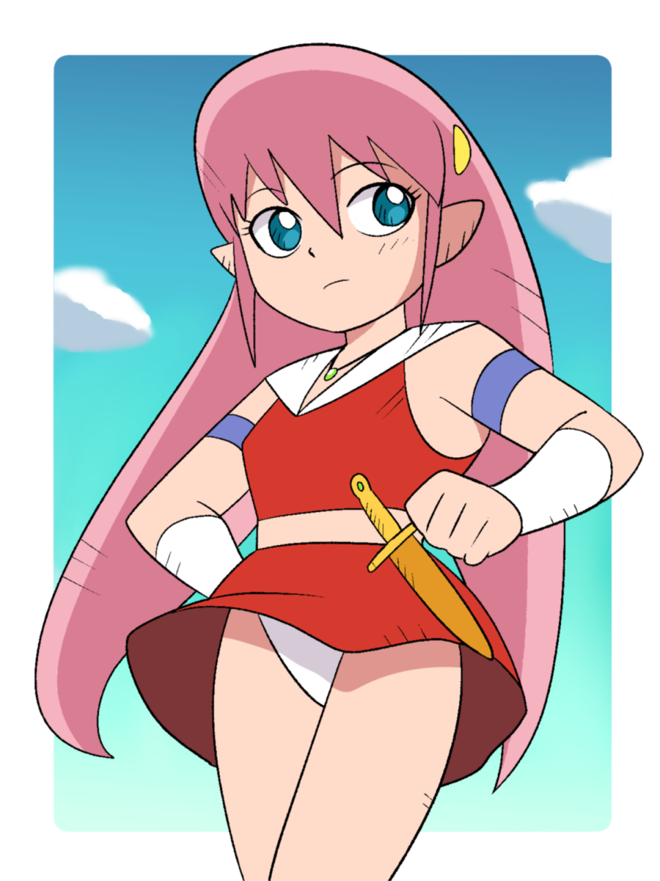 1girl, armband, blue_eyes, breasts, cloud, dagger, elf, hair_ornament