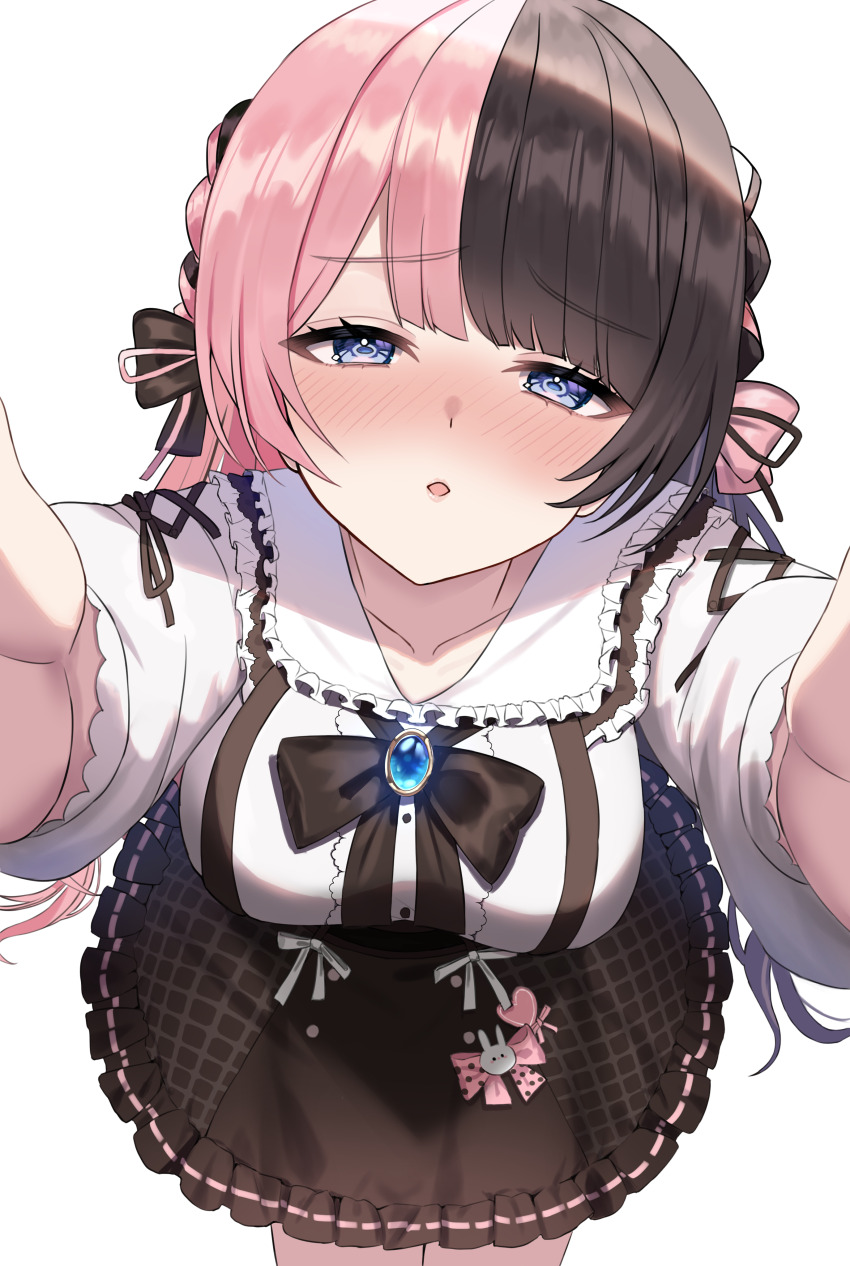 1girl, absurdres, blue_gem, blush, bow, breasts, brown_bow, brown_hair