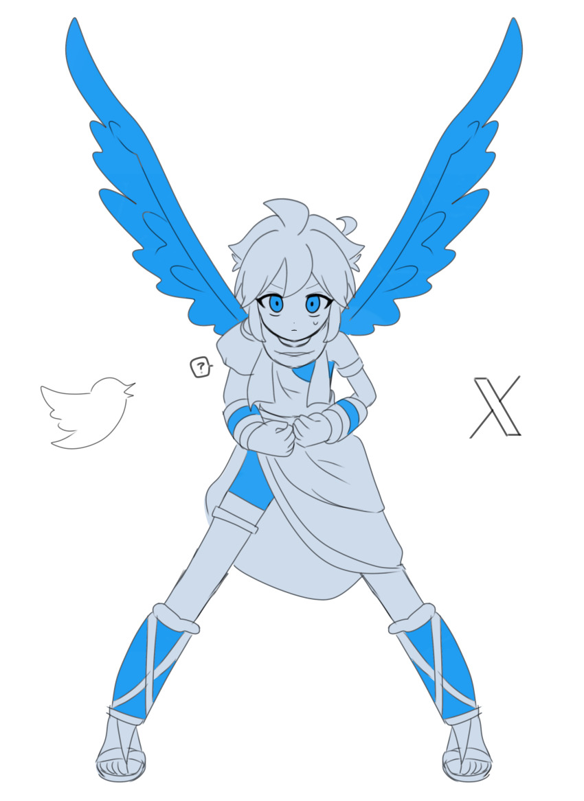 1boy, ?, absurdres, ahoge, angel, angel_wings, blue_theme, full_body
