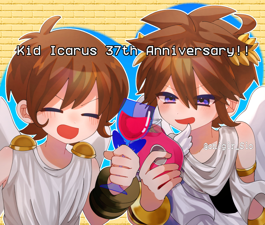 2boys, ahoge, angel, angel_wings, anniversary, blue_eyes, brown_hair, cup