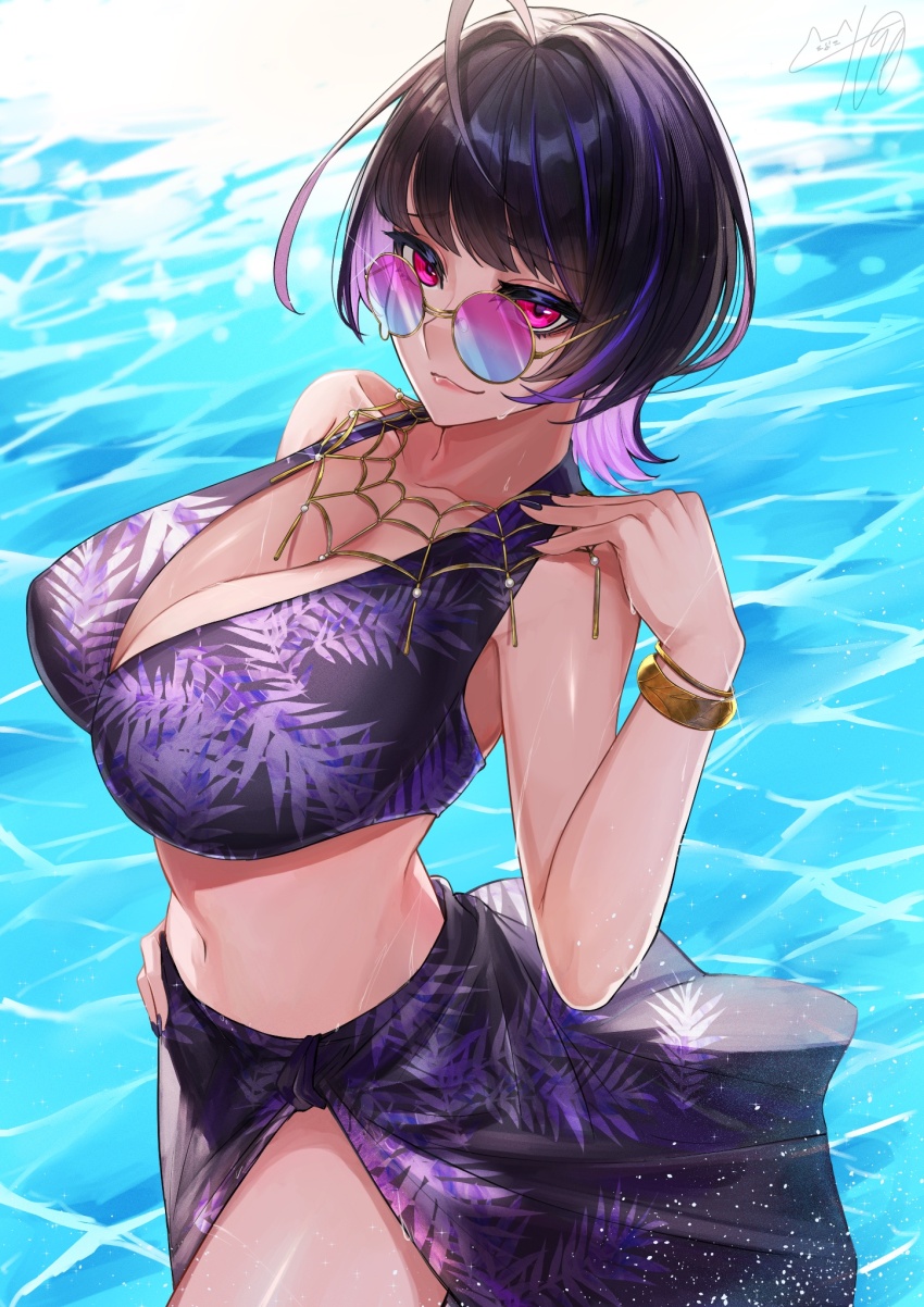 1girl, alternate_costume, alternate_hair_length, alternate_hairstyle, bikini, black_bikini, black_hair, black_sarong
