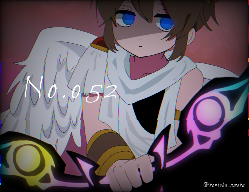 1boy, angel, angel_wings, blue_eyes, bow_(weapon), brown_hair, darkness_bow_(kid_icarus), empty_eyes