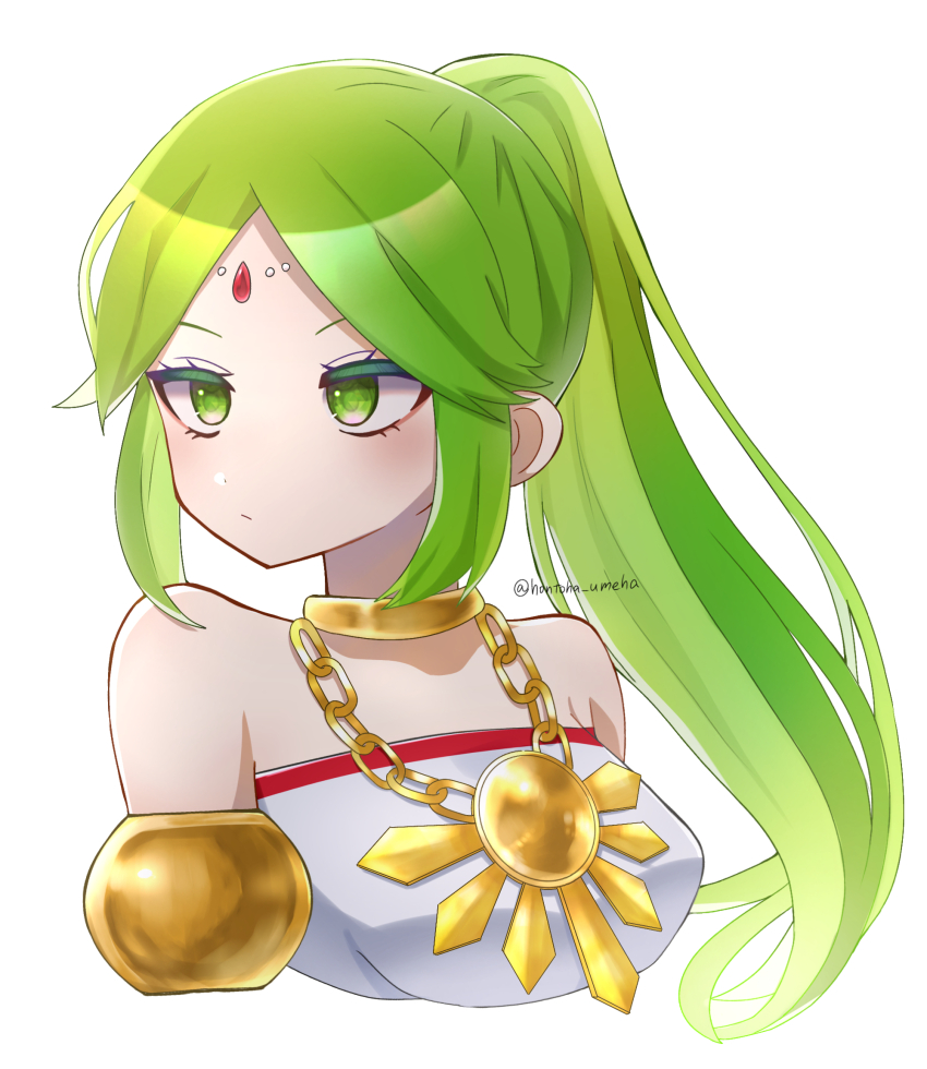 1girl, alternate_hairstyle, breasts, chain, circlet, eyelashes, gold_chain, green_eyes