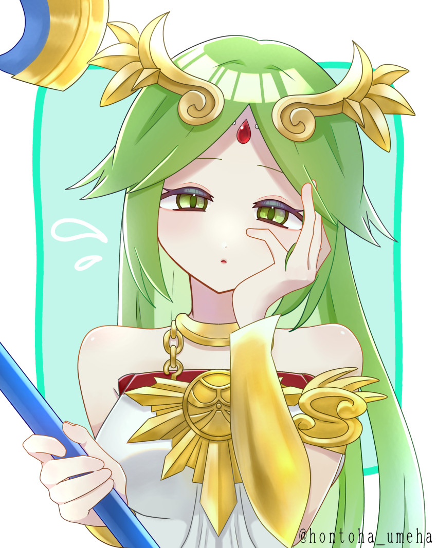 1girl, absurdres, breasts, chain, circlet, gold_chain, green_eyes, green_hair