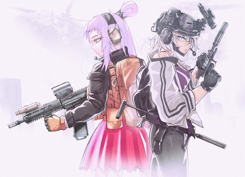 2girls, absurdres, aircraft, assault_rifle, back-to-back, backpack, bag, black_bag