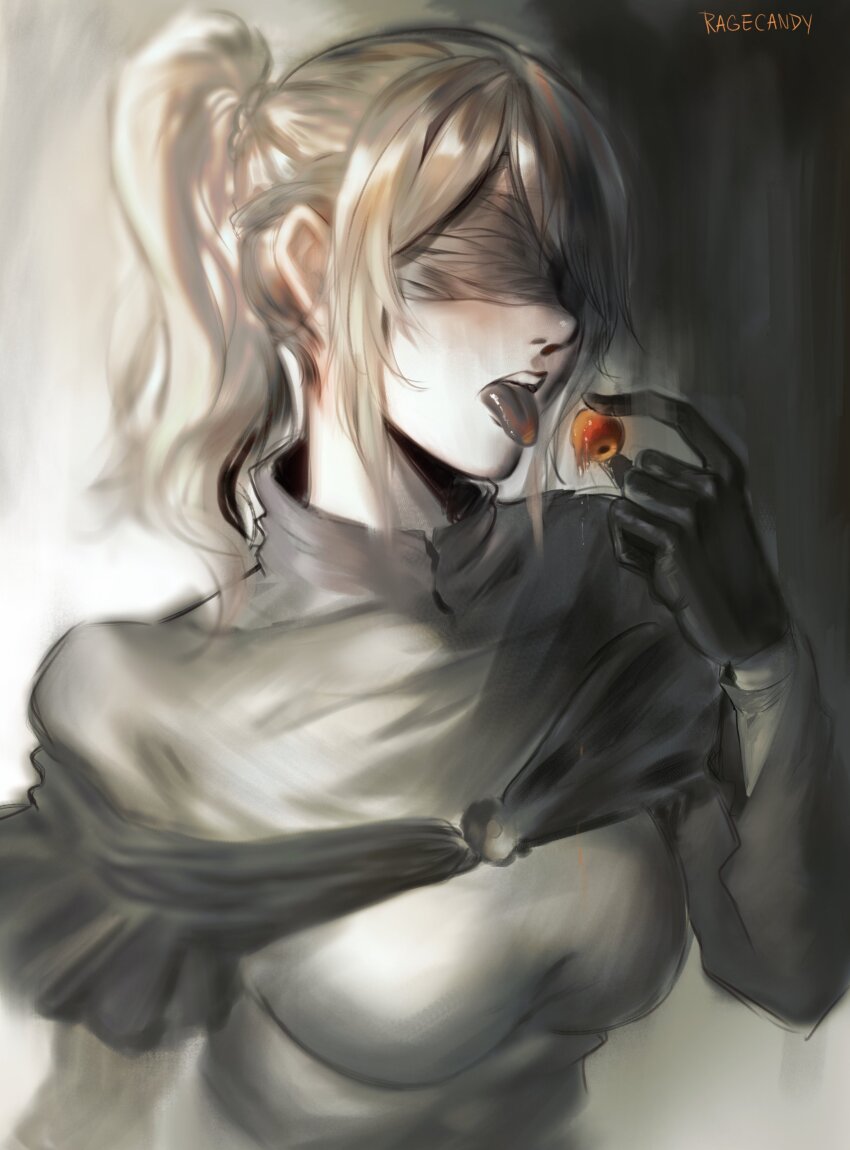 1girl, absurdres, artist_name, bandages, black_gloves, blindfold, blonde_hair, breasts, capelet, commentary, covered_eyes, dress, elden_ring, english_commentary, eyeball, finger_maiden_hyetta, gloves, grey_dress, highres, holding, holding_eyeball, long_hair, long_sleeves, medium_breasts, open_mouth, ponytail, ragecndy, shabriri_grape, sidelocks, solo, teeth, tongue, tongue_out, upper_teeth_only