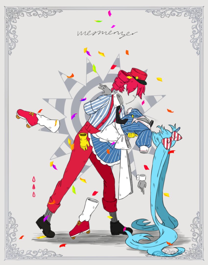 2girls, apron, black_footwear, black_necktie, blue_dress, blue_hair, bow, collared_shirt, confetti, copyright_name, dancing, dress, drill_hair, flat_chest, full_body, gloves, grey_socks, hair_between_eyes, hat, hat_bow, hatsune_miku, highres, invisible, kasane_teto, kepi, kneehighs, kuiruri, layered_dress, long_hair, mesmerizer_(vocaloid), military_hat, multiple_girls, necktie, pants, parted_bangs, pinstripe_dress, pinstripe_pattern, red_hair, red_hat, red_pants, shirt, shoes, short_sleeves, skates, sleeves_rolled_up, socks, striped_bow, striped_clothes, striped_shirt, striped_socks, twin_drills, twintails, utau, vocaloid, waist_apron, white_apron, white_wrist_cuffs, wing_collar, wrist_cuffs, yellow_gloves