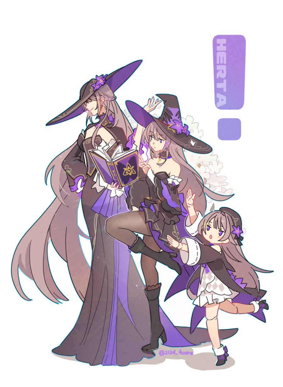 2134twone, 3girls, :o, alternate_costume, bare_shoulders, black_dress, black_footwear, black_hat