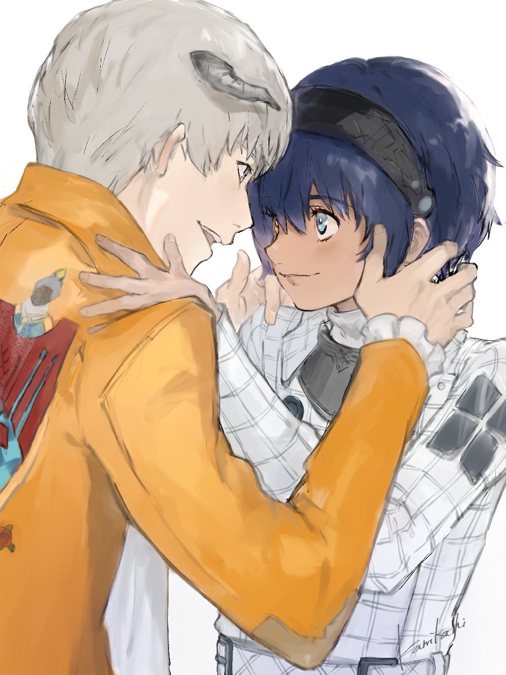 2boys, belt, belt_buckle, blue_hair, buckle, closed_mouth, coat, collared_coat