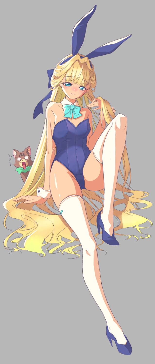 2girls, bare_shoulders, blonde_hair, blue_archive, blue_eyes, commentary_request, cosplay, grey_background, hair_ornament, hairband, happy, high_heels, highres, jj_(ssspulse), long_hair, looking_at_viewer, multiple_girls, nekoyashiki_mayu, nekoyashiki_mayu_(cat), nekoyashiki_yuki, playboy_bunny, precure, simple_background, smile, thighhighs, thighs, toki_(blue_archive), toki_(blue_archive)_(cosplay), toki_(bunny)_(blue_archive), white_wrist_cuffs, wonderful_precure!, wrist_cuffs