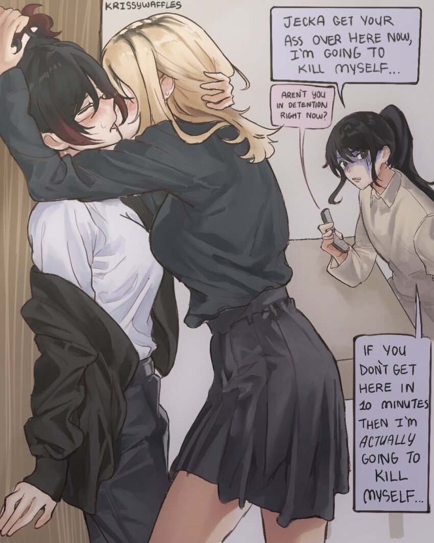 3girls, black_hair, black_jacket, black_shirt, black_skirt, blonde_hair, blush, brown_shirt, class_of_09, closed_eyes, english_text, gradient_hair, hand_on_another's_head, highres, holding, holding_phone, jacket, kabedon, kiss, krissywaffles, long_sleeves, lynn_hadley, medium_hair, mother_and_child, mother_and_daughter, multicolored_hair, multiple_girls, nicole's_mother_(class_of_09), nicole_(class_of_09), off_shoulder, open_clothes, open_jacket, parent_and_child, phone, ponytail, red_hair, semi-rimless_eyewear, shaded_face, shirt, sitting, skirt, sweatdrop, white_shirt, yuri