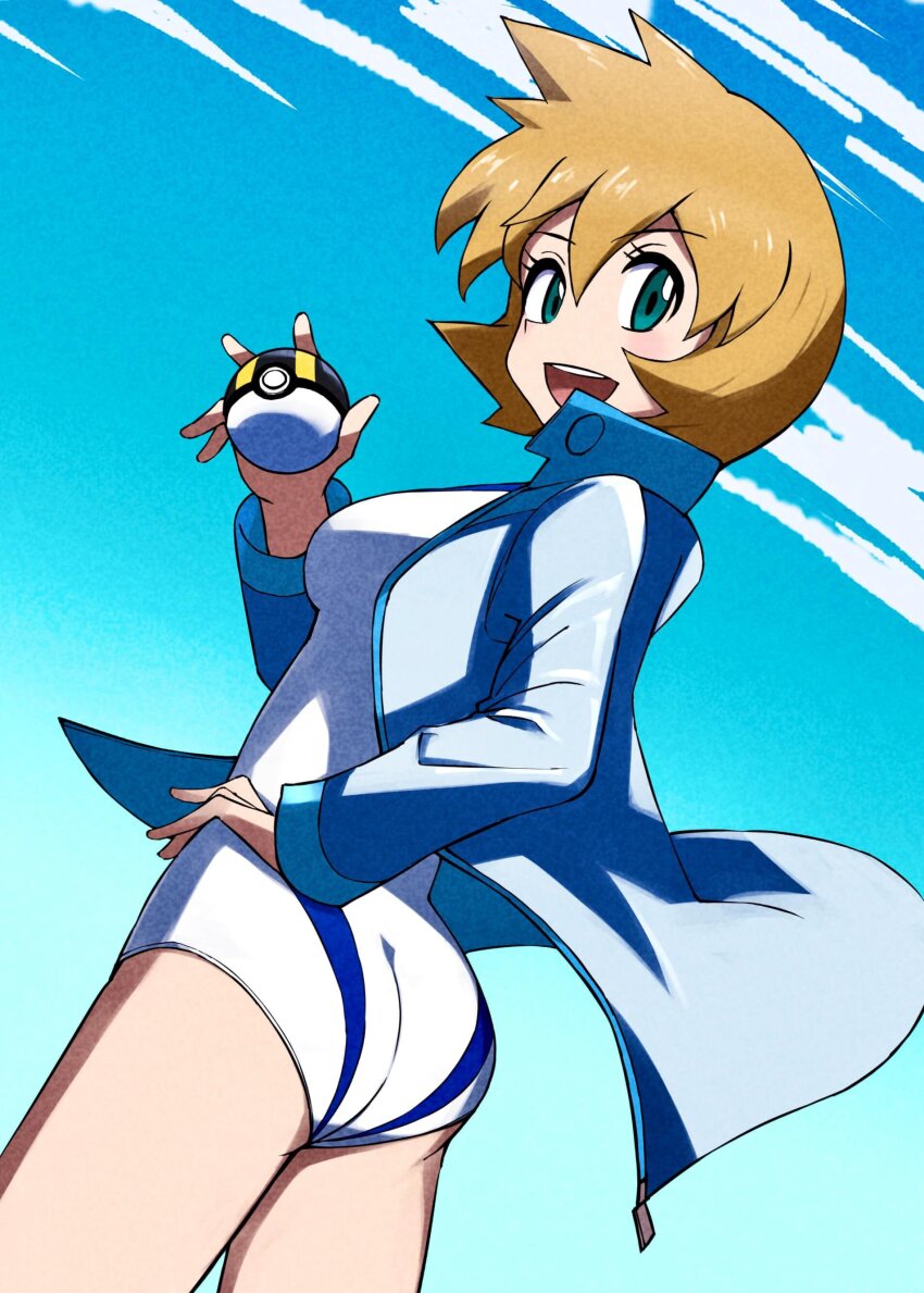 1girl, :d, absurdres, ass, blue_eyes, blue_jacket, blush, breasts, cloud, competition_swimsuit, day, eyelashes, female_focus, gen_1_pokemon, green_eyes, gym_leader, hair_between_eyes, hand_on_own_hip, hand_up, highres, holding, holding_poke_ball, huge_ass, jacket, large_breasts, legs, long_sleeves, looking_at_viewer, looking_back, mikamikamikage, misty_(pokemon), nintendo, one-piece_swimsuit, open_clothes, open_jacket, open_mouth, orange_hair, outdoors, poke_ball, poke_ball_(basic), pokemon, pokemon_heartgold_and_soulsilver, shiny_skin, shirt, short_hair, shorts, sky, smile, solo, standing, swimsuit, teeth, thighs, twisted_torso, upper_teeth_only, water, white_one-piece_swimsuit