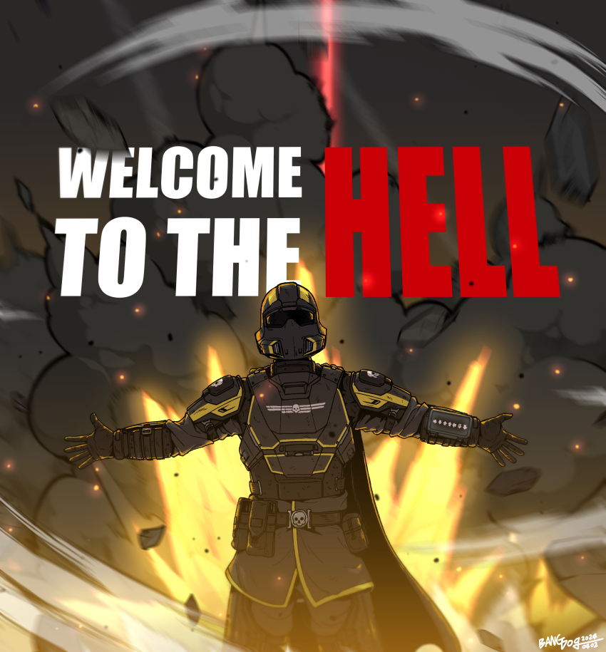 1other, absurdres, armor, bangdog, belt_pouch, breastplate, dated, english_text, explosion, gloves, helldiver_(helldivers), helldivers_(series), helmet, highres, orbital_strike, outstretched_arms, pouch, science_fiction, signature, smoke, solo, spread_arms