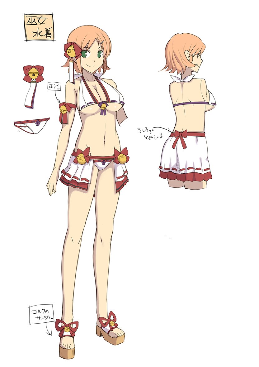 1girl, arm_ribbon, ass, bell, bow, bra, breasts, butt_crack, cleavage, collarbone, concept_art, footwear_bell, from_behind, full_body, green_eyes, groin, hair_bell, hair_ornament, hairclip, hanabi_(senran_kagura), japanese_clothes, jingle_bell, large_breasts, linea_alba, looking_at_viewer, median_furrow, multiple_views, navel, nontraditional_miko, notes, official_alternate_costume, official_art, okobo, orange_hair, panties, parted_bangs, platform_sandals, production_art, purple_bow, red_bow, reference_sheet, ribbon, ribbon-trimmed_bra, ribbon-trimmed_skirt, ribbon_trim, sandals, senran_kagura, senran_kagura_estival_versus, senran_kagura_new_link, short_hair, shoulder_blades, showgirl_skirt, simple_background, smile, standing, translation_request, turnaround, underboob, underwear, white_background, white_bra, white_panties, yaegashi_nan