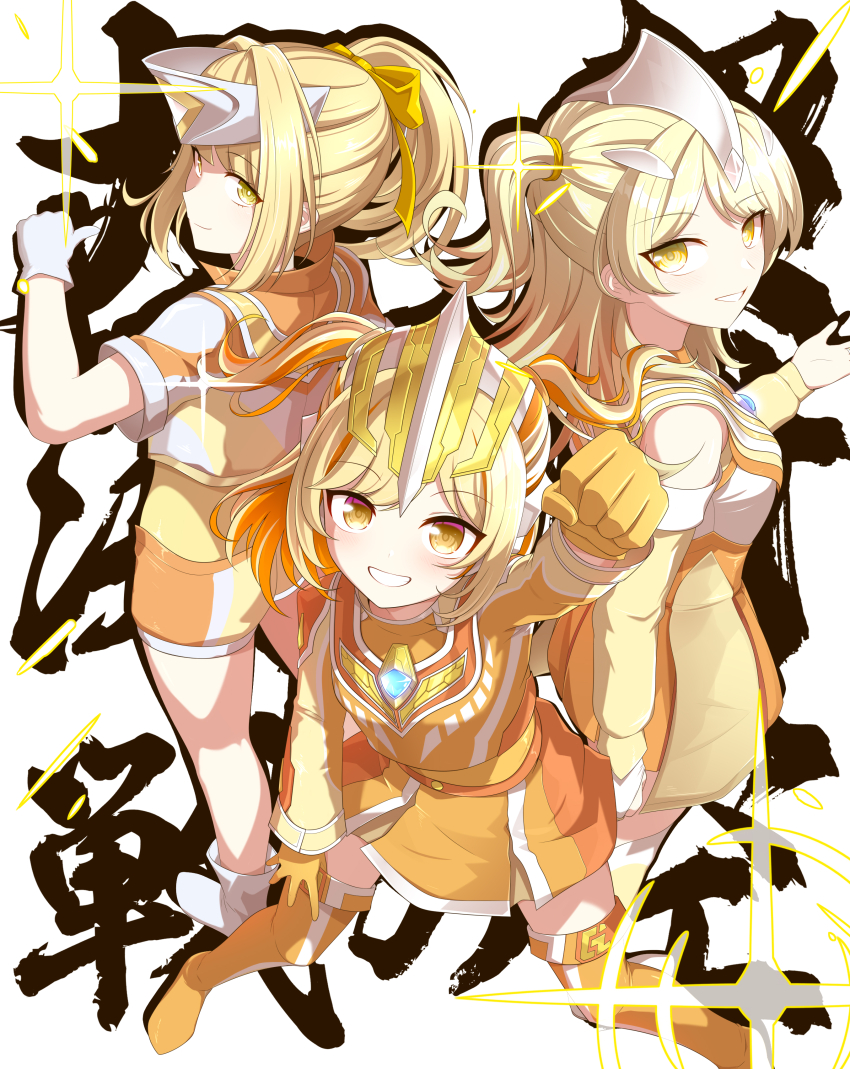 3girls, absurdres, alternate_color, alternate_eye_color, alternate_hair_color, arm_up, armor, bare_legs, blonde_hair, blush, boots, breastplate, closed_mouth, collared_shirt, color_timer, commentary, detached_sleeves, dorsal_fin, dress, flash_type_(ultra_series), foot_out_of_frame, forehead_jewel, four-pointed_star, genderswap, genderswap_(mtf), ginga_no_kou, gloves, gold_gloves, grin, hair_ornament, hair_ribbon, hairclip, hand_up, headgear, highres, humanization, legs_apart, long_hair, long_sleeves, looking_at_viewer, looking_back, multicolored_dress, multicolored_hair, multicolored_shirt, multicolored_shorts, multicolored_skirt, multiple_girls, orange_boots, orange_dress, orange_hair, orange_shirt, orange_shorts, orange_skirt, pleated_skirt, ponytail, raised_fist, ribbon, shirt, short_dress, short_shorts, short_sleeves, short_twintails, shorts, silver_footwear, silver_gloves, silver_trim, skirt, smile, standing, star_(symbol), streaked_hair, thigh_boots, thumbs_up, tokusatsu, twintails, ultra_series, ultraman_dyna, ultraman_dyna_(flash_type), ultraman_dyna_(series), ultraman_gaia, ultraman_gaia_(series), ultraman_gaia_(super_supreme_version), ultraman_tiga, ultraman_tiga_(glitter_tiga), ultraman_tiga_(series), white_background, wide_sleeves, yellow_dress, yellow_eyes, yellow_ribbon, yellow_shirt, yellow_shorts, yellow_skirt, yellow_theme