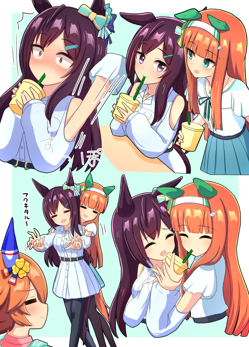 3girls, =_=, animal_ears, bare_shoulders, black_pantyhose, blue_background, blue_skirt, blush