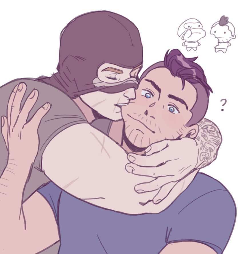 2boys, ?, arm_tattoo, arm_up, arms_around_neck, biting, biting_cheek, black_mask