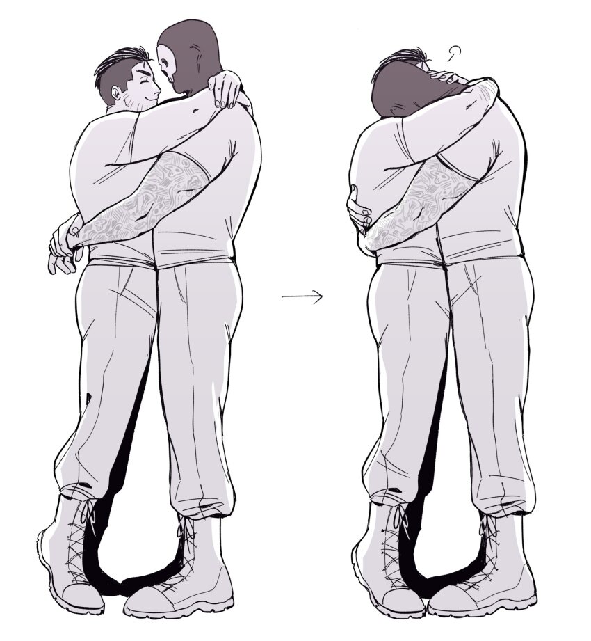 2boys, arm_tattoo, arms_around_neck, boots, call_of_duty, closed_eyes, commentary, cross-laced_footwear