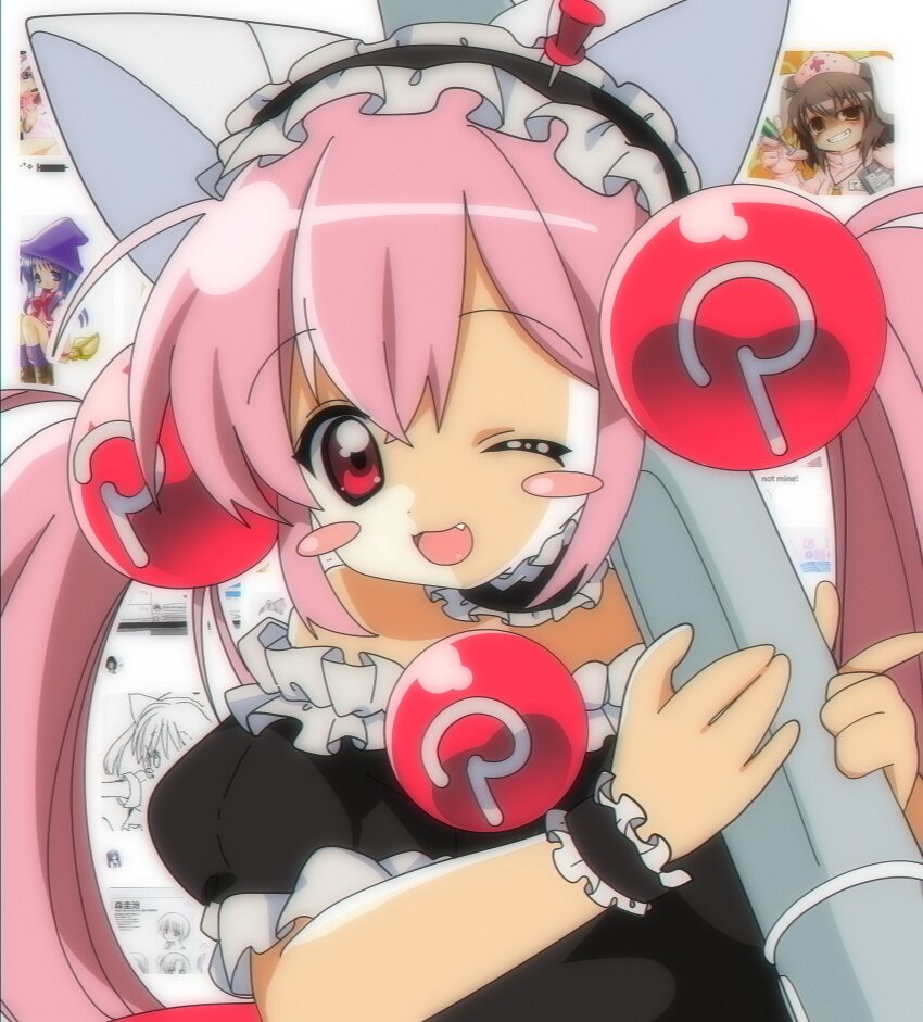 2000s_(style), absurdres, animal_ears, artist_request, blush_stickers, borrowed_character, buwakuda, cat_ears, cat_girl, character_request, choker, copyright_request, fang, hair_bobbles, hair_ornament, highres, holding, maid, maid_headdress, one_eye_closed, pink_hair, pinterest, pinterest-chan_(jaltoid), retro_artstyle, smile, solo_focus, twintails, wristband