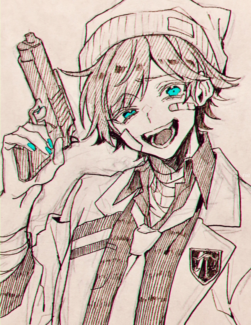 1boy, absurdres, animal_ear_headwear, animal_ears, balance_scale, bandaged_neck, bandaged_wrist, bandages