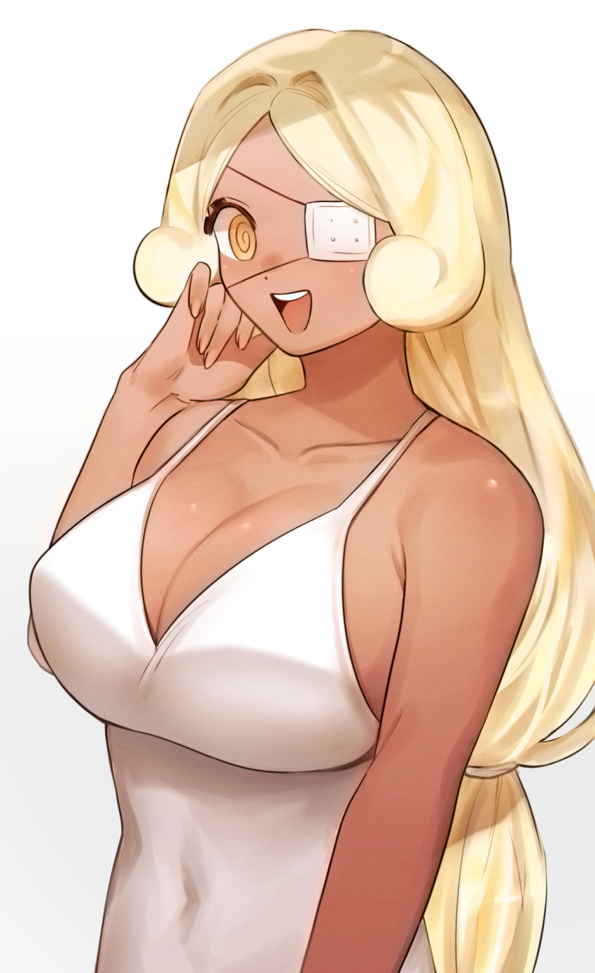 1girl, @_@, blonde_hair, breasts, commentary, cookie_run, cookie_run:_ovenbreak, covered_navel