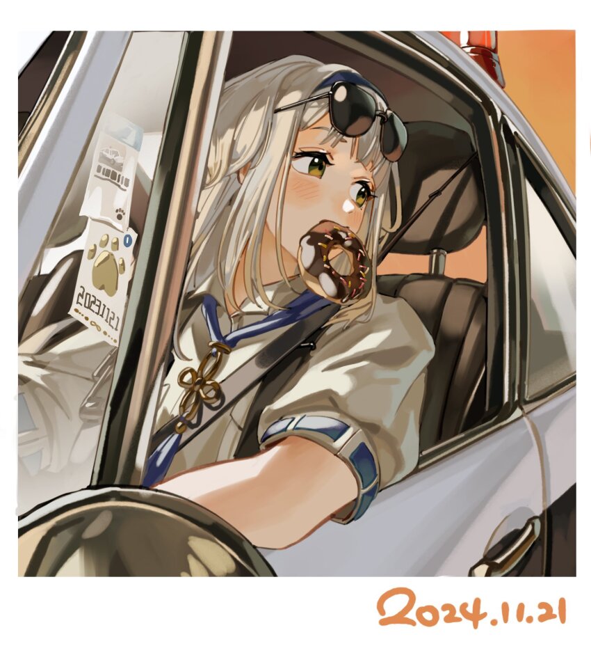 1girl, car, donut, driving, eyewear_on_head, food, grey_hair, highres, long_hair, looking_to_the_side, motor_vehicle, mouth_hold, nijisanji, police_car, porsche, porsche_901, porsche_911, rippoutai_fuusen, shioriha_ruri, shioriha_ruri_(1st_costume), shirt, short_sleeves, sitting, solo, sunglasses, virtual_youtuber, white_shirt