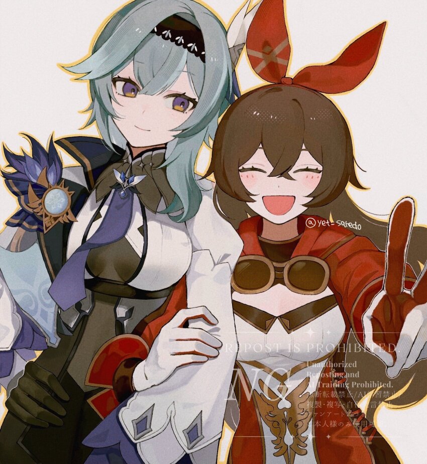 2girls, amber_(100_outrider)_(genshin_impact), amber_(genshin_impact), arm_hug, black_gloves, black_hairband, blue_hair, blue_necktie