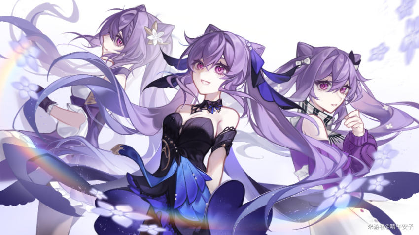 3girls, bare_shoulders, black_choker, black_dress, blue_ribbon, breasts, choker, cleavage, clothing_cutout, cone_hair_bun, cowboy_shot, detached_sleeves, dress, genshin_impact, grin, hair_bun, hair_ribbon, keqing_(genshin_impact), keqing_(lantern_rite)_(genshin_impact), keqing_(opulent_splendor)_(genshin_impact), long_sleeves, multiple_girls, multiple_persona, purple_eyes, purple_hair, purple_sweater, qingwuanzi, ribbon, short_sleeves, shoulder_cutout, small_breasts, smile, standing, strapless, strapless_dress, sweater, twintails, white_background