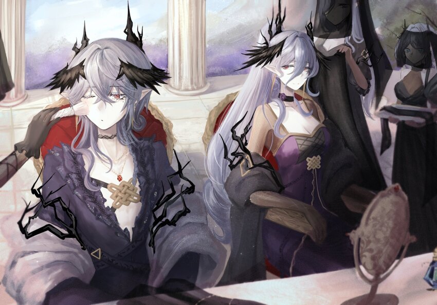 1boy, 4girls, alternate_costume, androgynous, applying_makeup, arknights, armchair, black_choker, black_dress, black_gloves, black_robe, black_shawl, black_veil, bottle, breasts, chair, chloehonami, choker, cleavage, closed_mouth, demon_horns, dot_mouth, dress, earrings, elbow_gloves, fishnet_sleeves, fishnets, flower, flower_choker, gem, gloves, grey_hair, grey_shawl, hair_between_eyes, head_mirror, head_wings, high_ponytail, highres, holding, holding_brush, holding_unworn_clothes, horns, jewelry, laqeramaline_(arknights), logos_(arknights), long_hair, long_sleeves, looking_at_another, makeup_brush, mole, mole_under_eye, mother_and_child, mother_and_son, mountain, multiple_girls, necklace, one_eye_closed, parent_and_child, perfume_bottle, pillar, plunging_neckline, pointy_ears, ponytail, purple_dress, purple_flower, purple_rose, red_eyes, red_gem, robe, rose, see-through_cleavage, see-through_clothes, see-through_sleeves, servant, shawl, sideways_glance, sleeveless, sleeveless_dress, smile, table, thorns, tile_floor, tiles, veil, veil_over_eyes, veranda, very_long_hair, wings