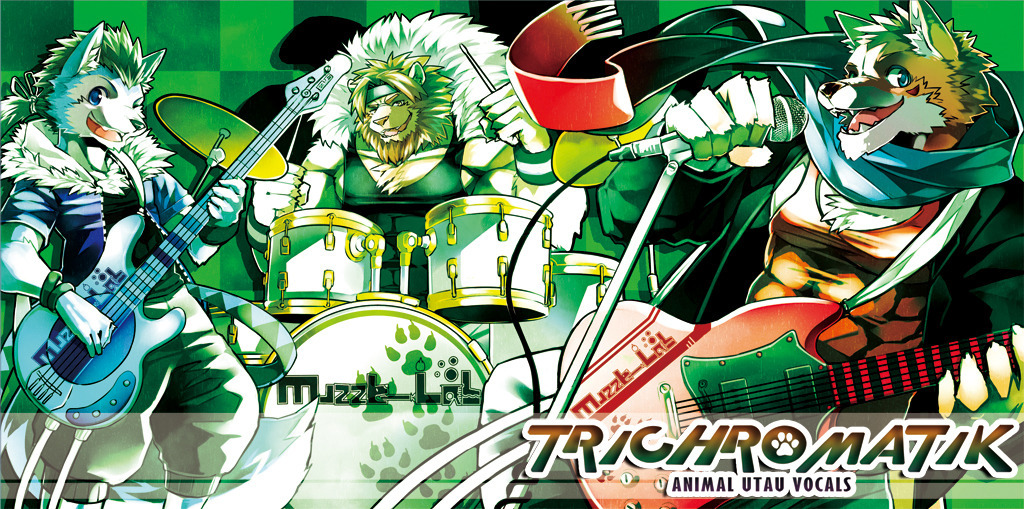 3boys, akagami_hiiro, album_cover, animal_ear_fluff, animal_ears, bad_link, bara, bass_guitar, black_hair, black_jacket, black_pants, black_tank_top, blue_fur, blue_jacket, blue_scarf, bracelet, brown_fur, checkered_background, chest_fur, collarbone, cover, dog_boy, dog_ears, dog_tail, drum, drum_set, drumsticks, english_text, facial_mark, fangs, fox_boy, fox_ears, fur-trimmed_jacket, fur_trim, furry, furry_male, giga_lacan, green_background, group_name, guitar, hair_tie, headband, holding, holding_bass_guitar, holding_drumsticks, holding_guitar, holding_instrument, holding_microphone, instrument, jacket, jewelry, kenn_fudo, lion_boy, lion_ears, lion_mane, looking_at_viewer, male_focus, microphone, microphone_stand, multiple_boys, music_man_stingray, muzzle-lab, one_eye_closed, open_mouth, pants, paw_print, ponytail, red_fur, red_tank_top, rou_kemonone, scarf, smile, tail, tank_top, topless_male, utau, wristband