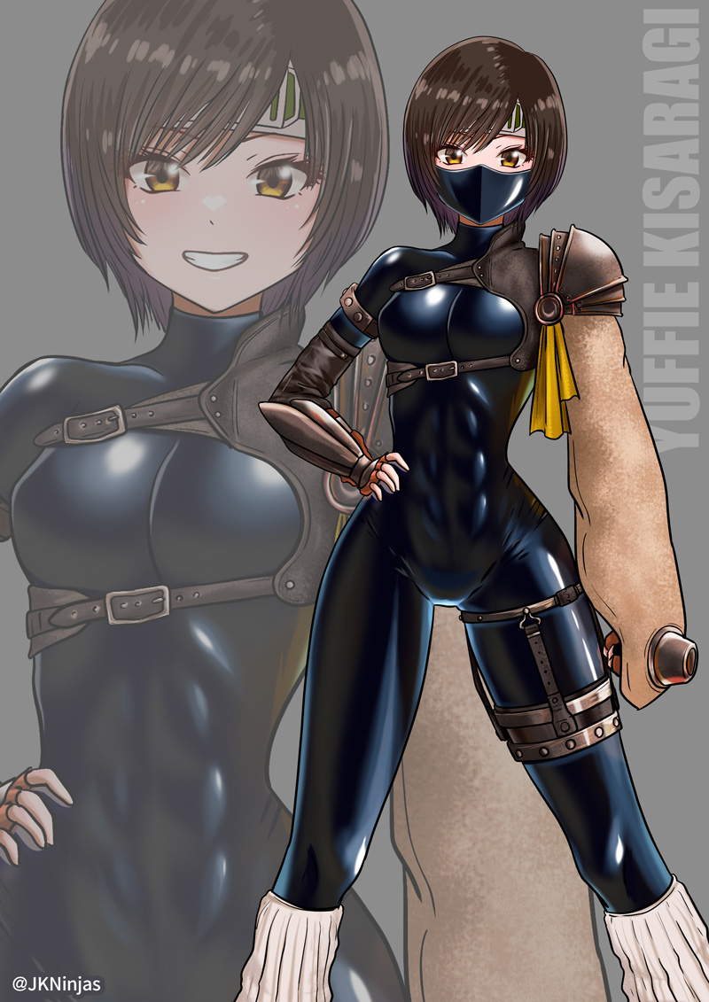 1girl, :d, abs, adapted_costume, armor, artist_name, black_bodysuit, black_mask