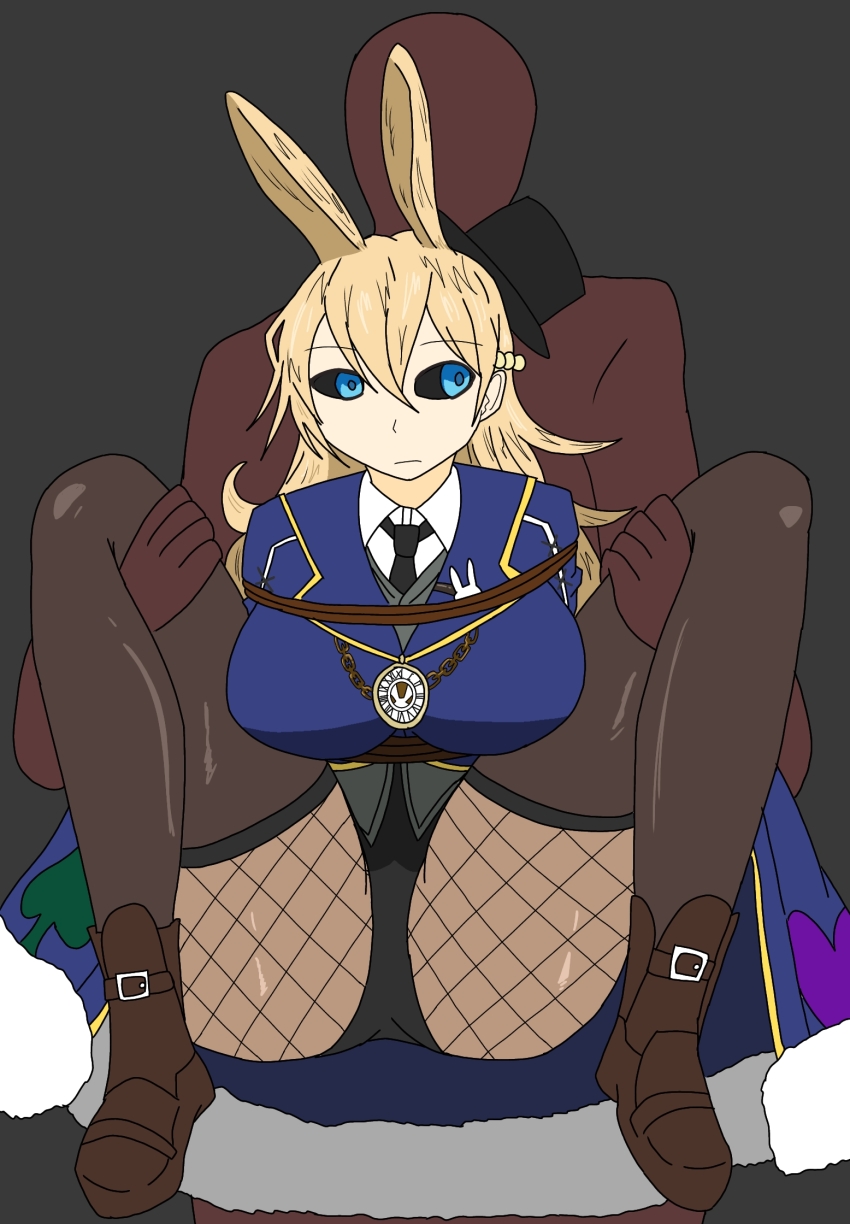 1boy, 1girl, animal_ears, ass, bdsm, black_hat, black_sclera, blonde_hair