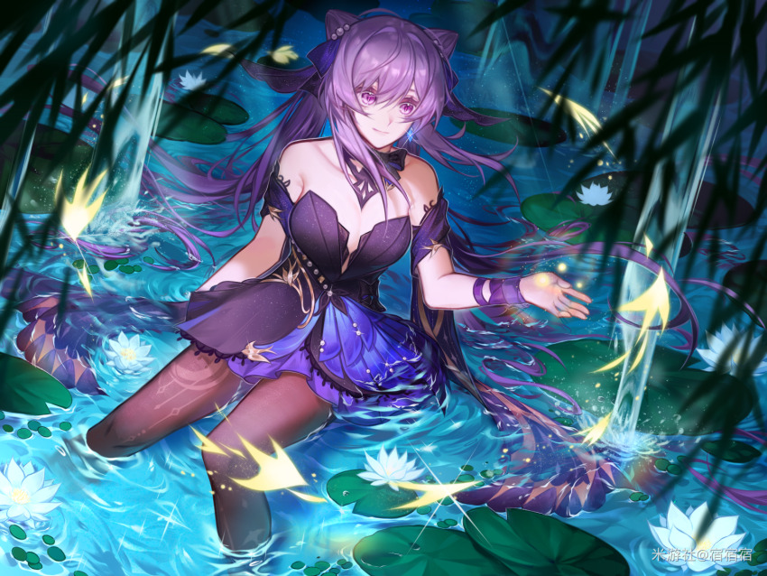 1girl, bare_shoulders, cone_hair_bun, detached_sleeves, dress, flower, genshin_impact, hair_bun, highres, keqing_(genshin_impact), keqing_(opulent_splendor)_(genshin_impact), lily_pad, long_hair, pantyhose, purple_dress, purple_eyes, purple_hair, qingwuanzi, ribbon, short_sleeves, sitting, smile, solo, strapless, strapless_dress, thighs, twintails, very_long_hair, water, white_flower, wrist_ribbon