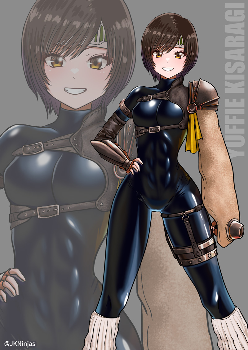 1girl, :d, abs, adapted_costume, armor, artist_name, black_bodysuit, bodysuit, bracer, breasts, brown_eyes, brown_hair, character_name, chest_harness, clenched_hand, commentary, feet_out_of_frame, final_fantasy, final_fantasy_vii, forehead_protector, green_headband, grey_background, grin, hand_on_own_hip, harness, headband, i_macoto, impossible_bodysuit, impossible_clothes, latex, latex_bodysuit, legs_apart, looking_at_viewer, loose_socks, medium_breasts, muscular, muscular_female, narrow_waist, open_mouth, parted_lips, pauldrons, ribbed_socks, romaji_text, shiny_clothes, short_hair, shoulder_armor, single_pauldron, smile, socks, solo, standing, swept_bangs, thigh_gap, thigh_strap, twitter_username, variant_set, white_socks, yuffie_kisaragi, zoom_layer