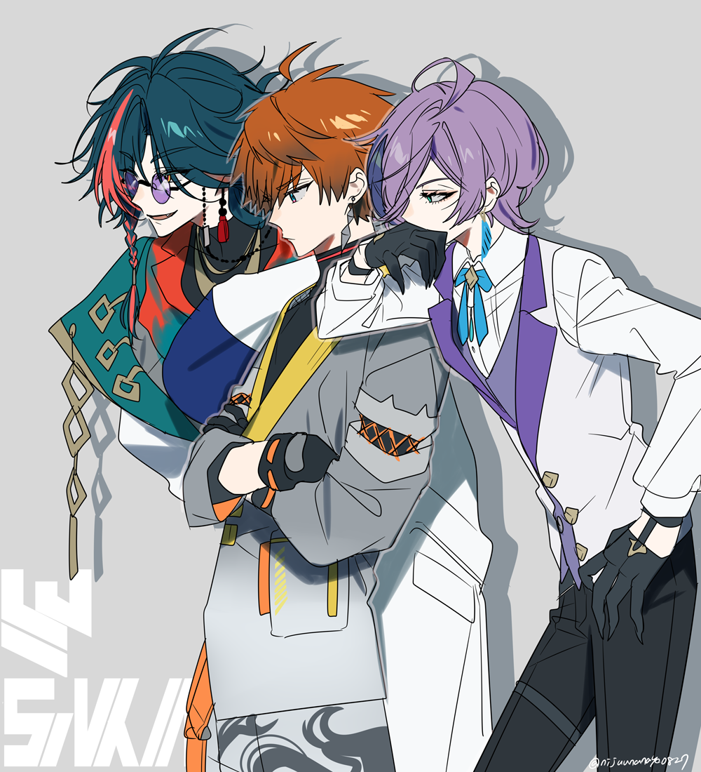 3boys, 3skm_(nijisanji), ahoge, antenna_hair, artist_name, black_gloves, black_pants, black_shirt