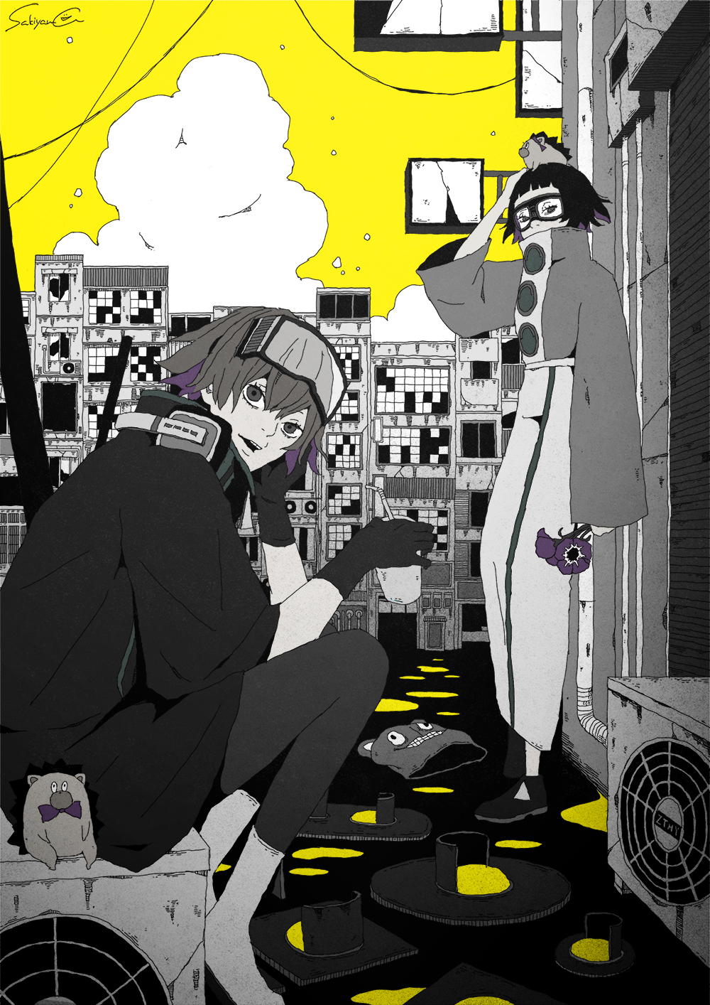 2girls, animal, animal_on_head, black_footwear, black_gloves, black_hair, black_pants, boots, bow, bowtie, broken_window, building, cloud, colored_inner_hair, commentary_request, condenser_unit, covered_mouth, cup, disposable_cup, drinking_straw, flower, gloves, goggles, goggles_on_head, hand_on_own_head, hand_up, headphones, headphones_around_neck, hedgehog, high_collar, highres, holding, holding_flower, humanoid_(zutomayo), limited_palette, looking_at_viewer, mask, multicolored_hair, multiple_girls, nira-chan, nira-chan_(humanoid)_(zutomayo), on_head, open_mouth, outdoors, pants, purple_bow, purple_bowtie, purple_flower, purple_hair, sakiyama8ma, shoes, short_hair, signature, sitting, skirt, uniguri_(zutomayo), unworn_mask, white_footwear, wide_sleeves, zutto_mayonaka_de_ii_no_ni