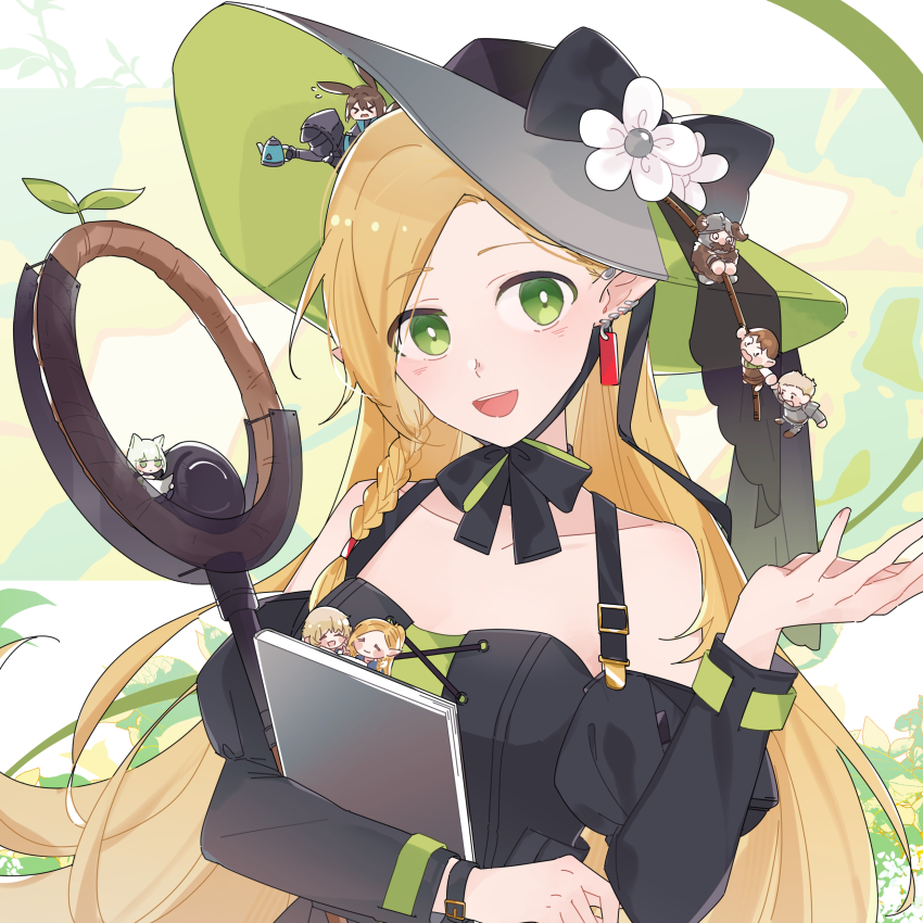 >_<, 1other, 3boys, 5girls, :d, absurdres, amiya_(arknights), animal_ears, arknights, armor, bare_shoulders, black_bow, black_dress, black_hat, blonde_hair, bow, braid, bright_pupils, brown_hair, character_request, chibi, chilchuck_tims, clip_studio_paint_(medium), closed_eyes, commentary, doctor_(arknights), dress, dungeon_meshi, ear_piercing, earrings, elf, facial_hair, fan_qian_hua_bao, flower, flying_sweatdrops, green_eyes, green_hat, hair_between_eyes, hand_up, hat, hat_flower, helmet, highres, holding, holding_hands, holding_kettle, hood, hood_up, jewelry, kal'tsit_(arknights), kettle, laios_touden, long_hair, long_sleeves, looking_at_another, looking_at_viewer, looking_down, making-of_available, marcille_donato, marcille_donato_(terra_&amp;_traveller), multiple_boys, multiple_girls, mustache, open_mouth, piercing, pointy_ears, robe, scepter, senshi_(dungeon_meshi), short_hair, sketch, smile, solo_focus, untranslatable_commentary, two-sided_fabric, two-sided_headwear, white_flower, white_pupils