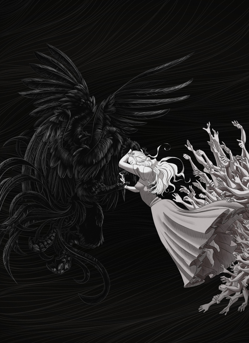 1boy, 1girl, absurdres, barefoot, claws, closed_eyes, dress, extra_arms