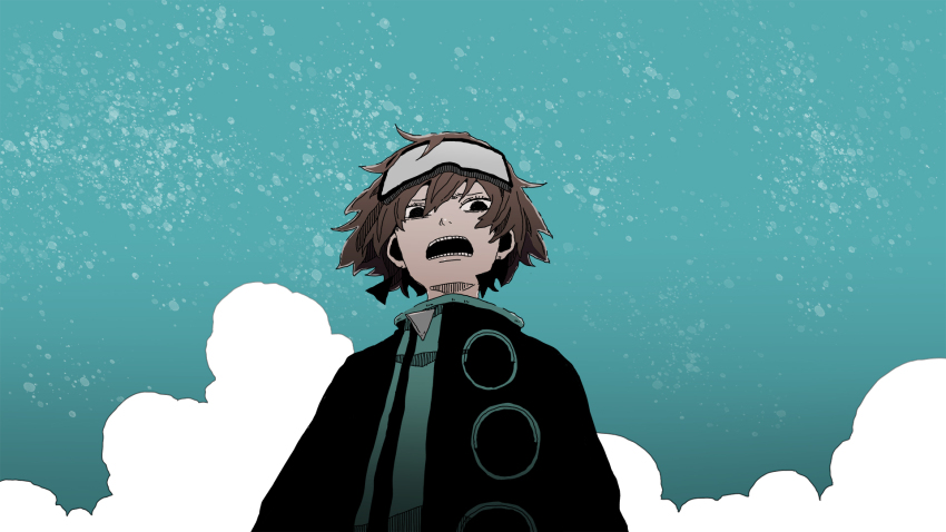 1girl, black_eyes, black_shirt, brown_hair, cloud, commentary_request, earrings, from_below