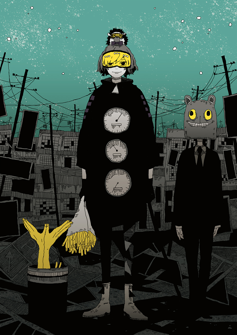 1girl, ankle_boots, black_gloves, black_jacket, black_necktie, black_pants, boots, bow, bowtie, building, closed_mouth, collared_shirt, commentary_request, disembodied_hand, full_body, gauge, gloves, goggles, green_sky, hedgehog, highres, holding, humanoid_(zutomayo), jacket, limited_palette, long_sleeves, looking_at_viewer, mask, necktie, nira-chan, nira-chan_(humanoid)_(zutomayo), outdoors, pants, purple_bow, purple_bowtie, sakiyama8ma, shirt, short_hair, sign, sky, smile, surreal, uniguri_(zutomayo), utility_pole, white_shirt, zutto_mayonaka_de_ii_no_ni