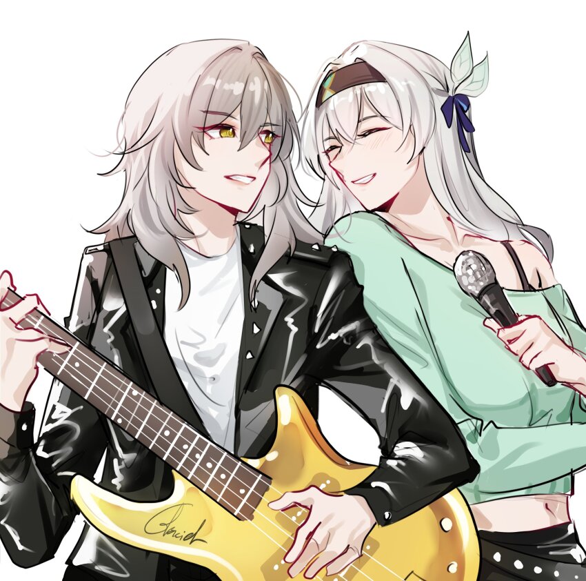 2girls, bass_guitar, black_coat, closed_eyes, coat, commentary, electric_guitar, english_commentary