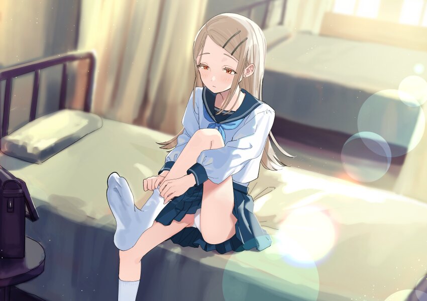 1girl, :|, absurdres, adjusting_sock, backpack, bag, bare_legs, bed_sheet, bedroom, blonde_hair, blue_neckerchief, blue_sailor_collar, blue_skirt, blurry, blurry_background, closed_mouth, collared_shirt, colored_eyelashes, commentary_request, commission, day, depth_of_field, dress_shirt, earrings, expressionless, gakuen_idolmaster, hachimitsu_ame_(phoenix), hair_ornament, hairclip, hatsuboshi_gakuen_school_uniform, highres, idolmaster, indoors, jewelry, knee_up, kneehighs, lens_flare, light_blush, light_particles, long_hair, long_sidelocks, long_sleeves, looking_down, neckerchief, no_shoes, on_bed, orange_eyes, panties, pantyshot, parted_bangs, pillow, pleated_skirt, puffy_long_sleeves, puffy_sleeves, raised_eyebrows, randoseru, sailor_collar, school_uniform, serafuku, shinosawa_hiro, shirt, sidelocks, sitting, skeb_commission, skirt, socks, solo, stud_earrings, sunlight, underwear, upskirt, white_panties, white_shirt, white_socks