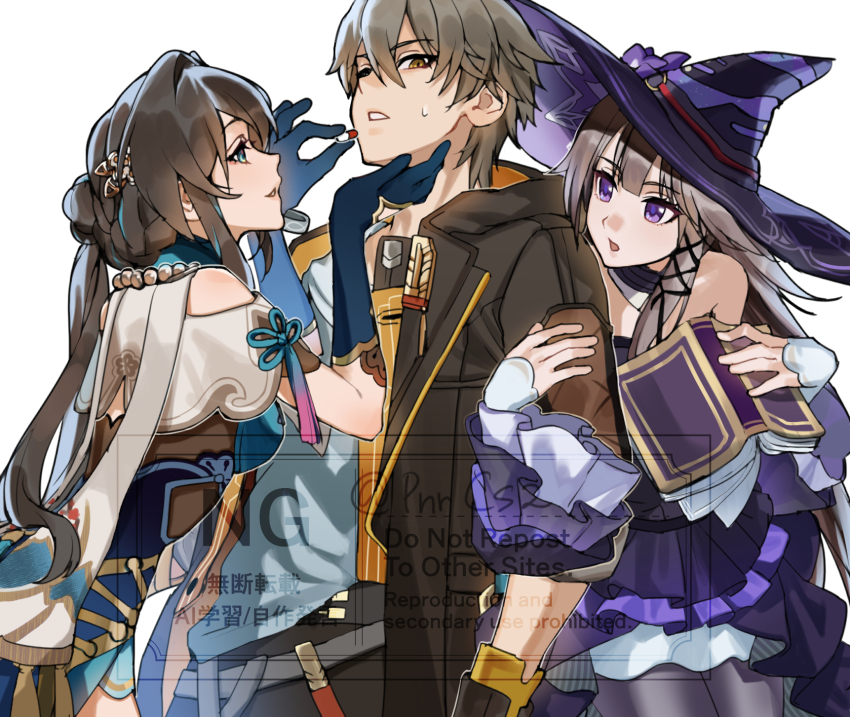 1boy, 2girls, black_jacket, book, caelus_(honkai:_star_rail), coat, grey_hair, herta_(honkai:_star_rail), highres, honkai:_star_rail, honkai_(series), hood, hooded_coat, jacket, multiple_girls, pnrcs2, purple_eyes, ruan_mei_(honkai:_star_rail), simple_background, the_herta_(honkai:_star_rail), trailblazer_(honkai:_star_rail), two-sided_coat, two-sided_fabric, two-sided_jacket, white_background, yellow_coat