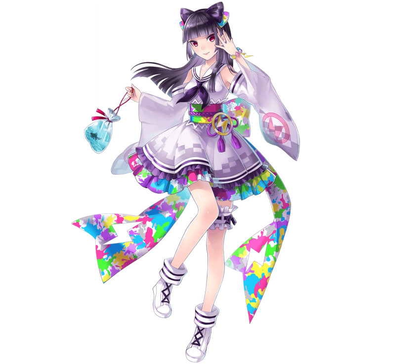 1girl, aizawa_risa, bag, blunt_bangs, bow, bracelet, checkered_bow, checkered_clothes